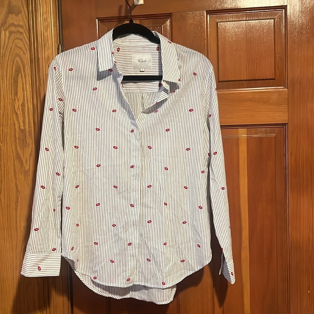 Rails White Striped Casual Button Down Shirt with Red Lips